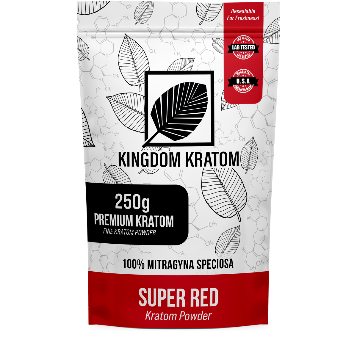 Super Red Borneo Kratom Powder 250g Lab-Tested Resealable Bag - Front View | Kingdom Kratom