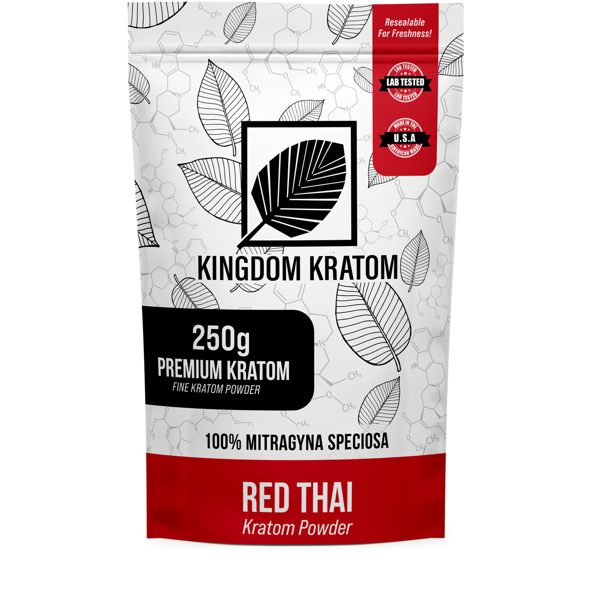 Red Thai Kratom Powder 250g Premium Mitragyna Speciosa Resealable Bag - Front View | Kingdom Kratom