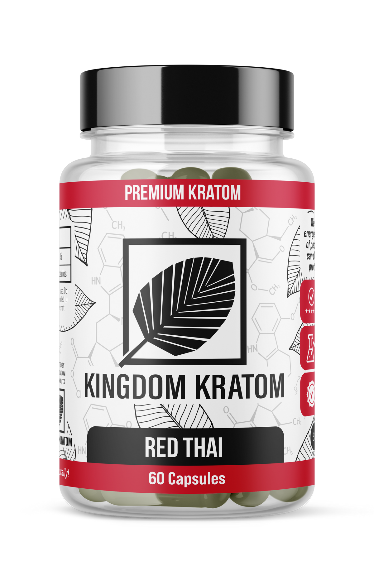 Red Vein Thai Kratom Capsules 60 Count Bottle - Front View | Kingdom Kratom