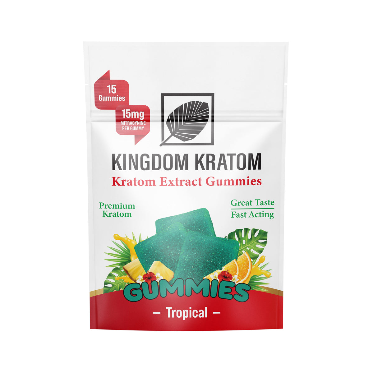 Tropical Kratom Extract Gummies 15-Count Bag - Front View | Kingdom Kratom