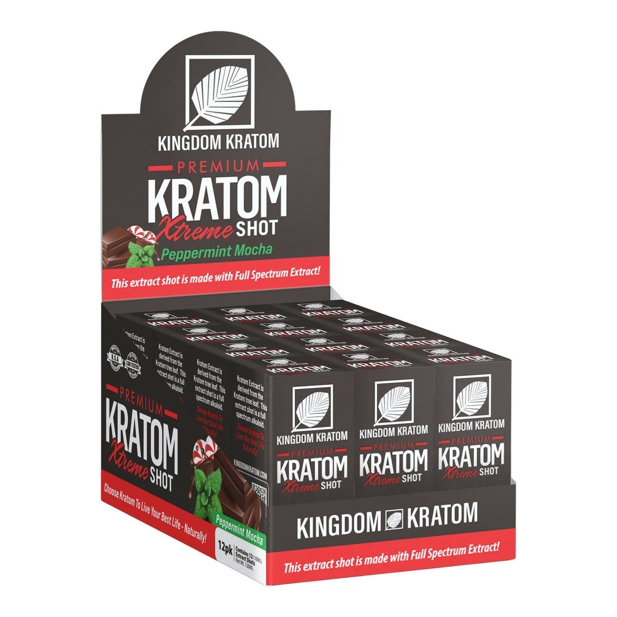 Peppermint Mocha Kratom Xtreme Extract Shot 12-Pack Display Box Open - 3D Mockup | Kingdom Kratom