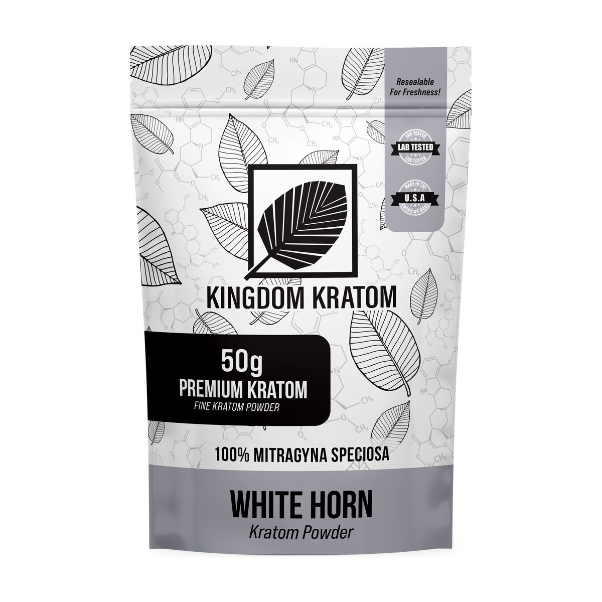 White Horn Kratom Powder 50g Lab-Tested Resealable Bag - Front View | Kingdom Kratom