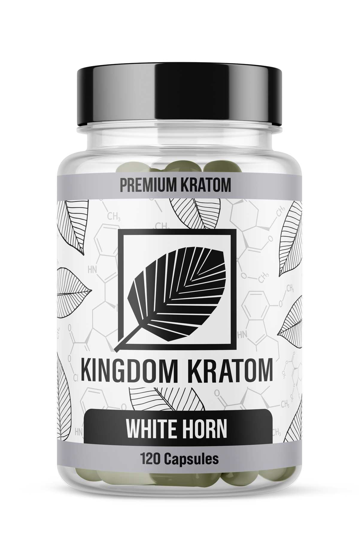 White Horn Kratom Capsules 120 Count Clear Bottle - Front View | Kingdom Kratom