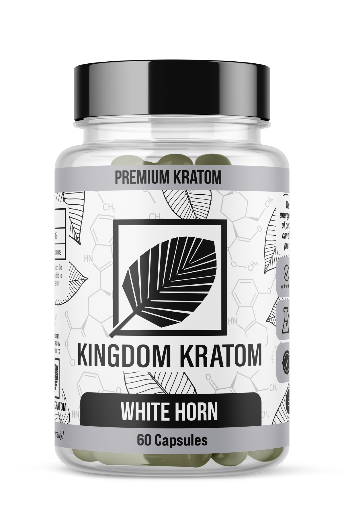 White Horn Kratom Capsules 60 Count Clear Bottle - Front View | Kingdom Kratom