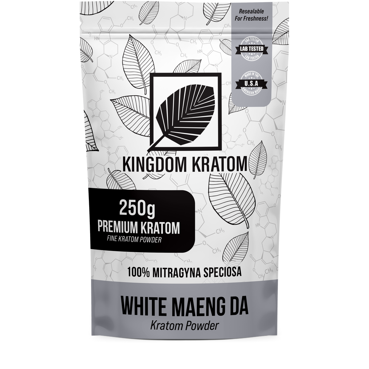 White Maeng Da Kratom Powder 250g Premium Fine Powder Resealable Bag - Front View | Kingdom Kratom