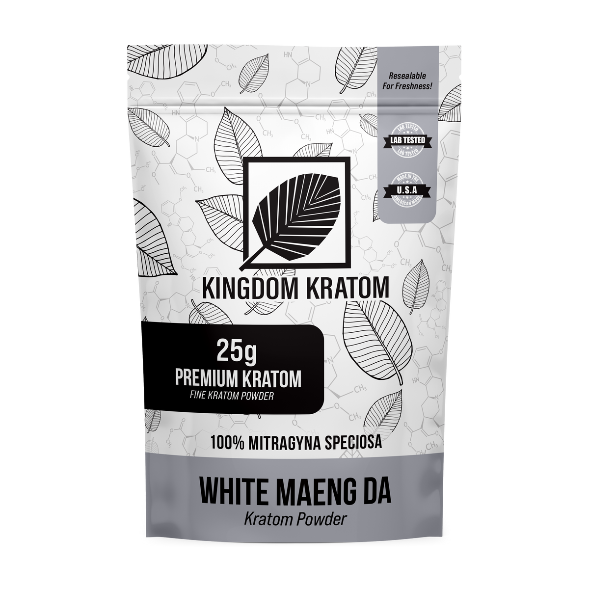 White Maeng Da Kratom Powder 25g Lab-Tested Starter Size Resealable Bag - Front View | Kingdom Kratom