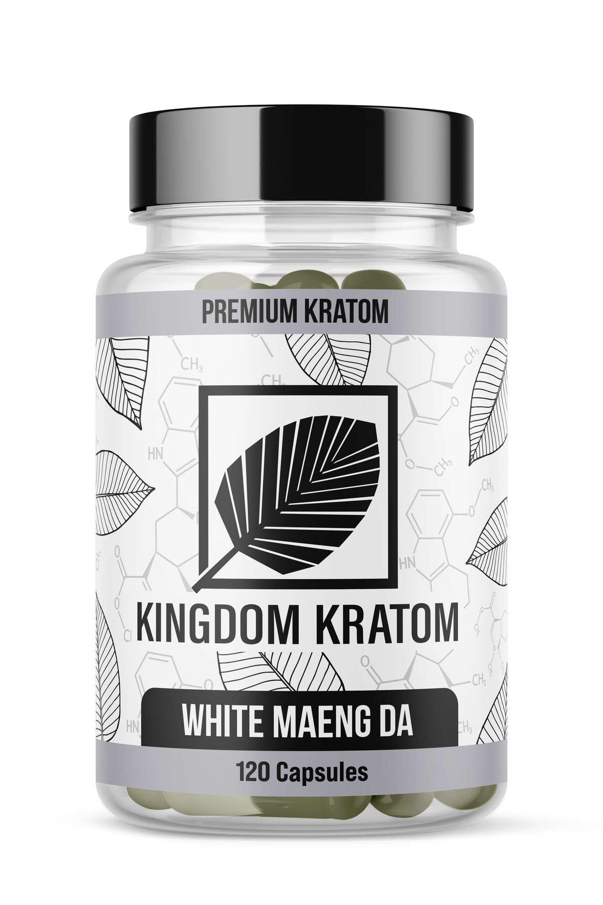 White Maeng Da Kratom Capsules 120 Count Clear Bottle - Front View | Kingdom Kratom