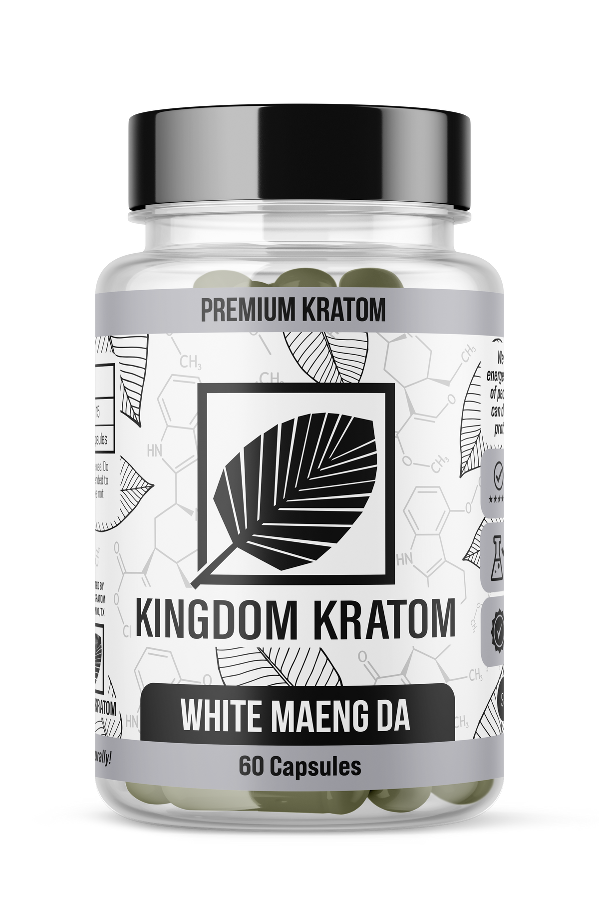 White Maeng Da Kratom Capsules 60 Count Clear Bottle - Front View | Kingdom Kratom