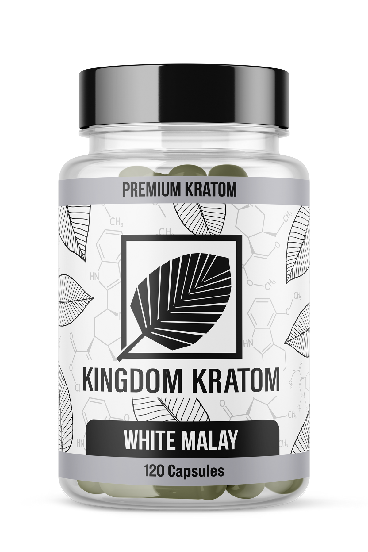 White Malay Kratom Capsules 120 Count Clear Bottle Front View - Malaysian White Vein | Kingdom Kratom