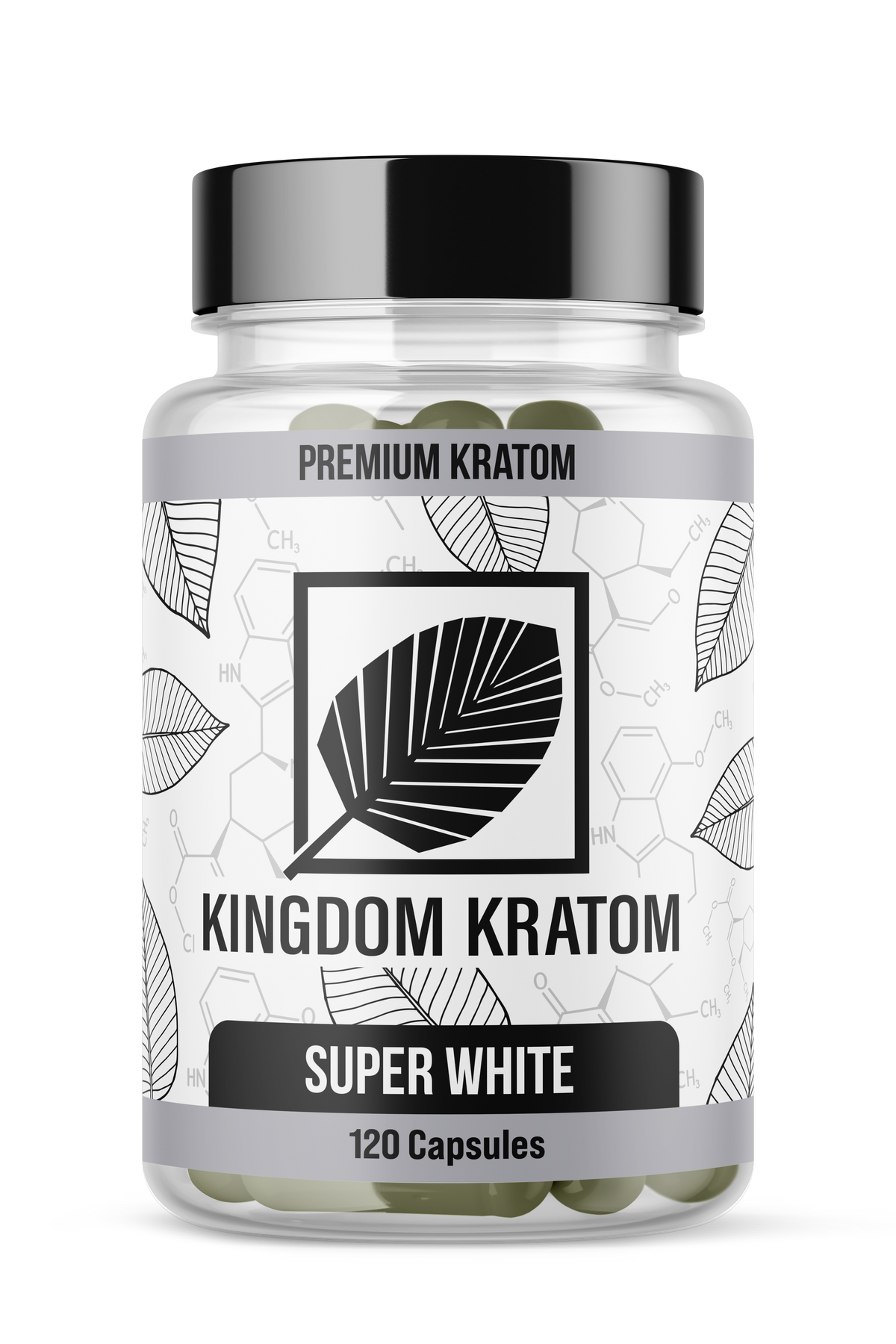 Super White Borneo Kratom Capsules 120 Count Bottle - Front View | Kingdom Kratom