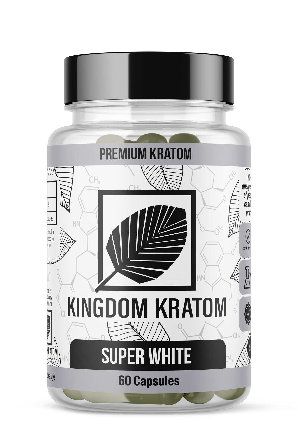 Super White Borneo Kratom Capsules 60 Count Bottle - Front View | Kingdom Kratom
