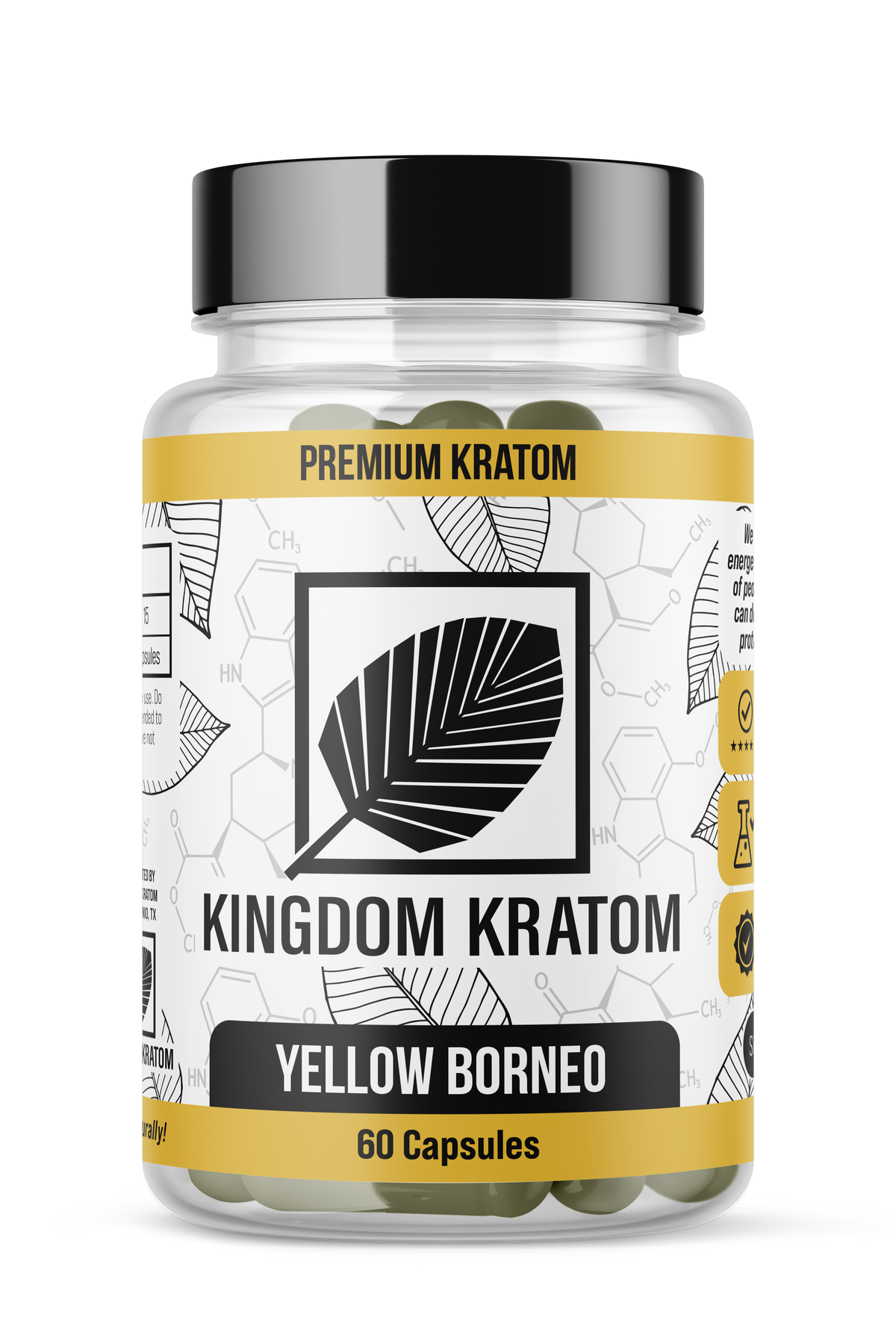 Yellow Borneo Kratom Capsules 60 Count Clear Bottle with Gold Label - Front View | Kingdom Kratom