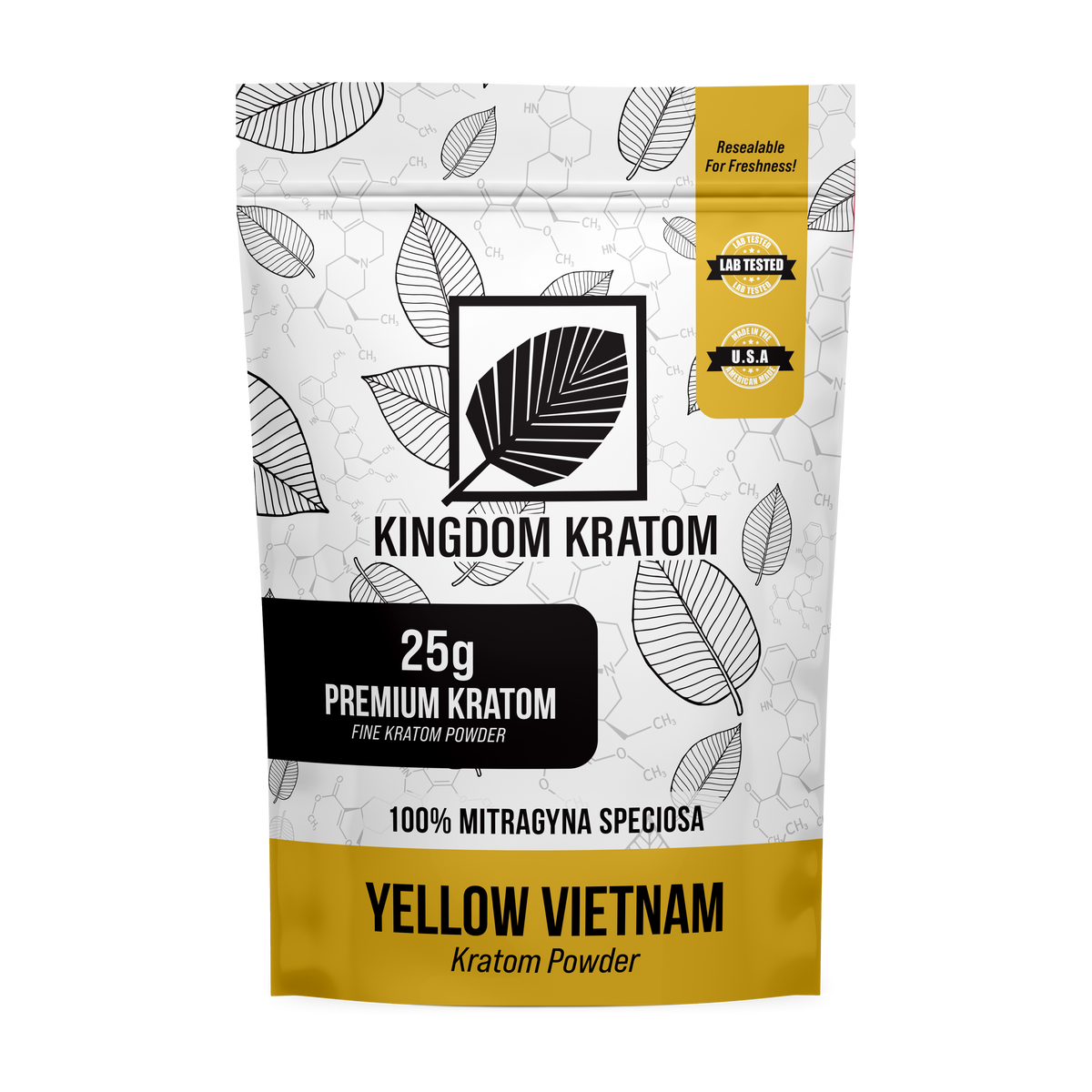Buy Yellow Vietnam Kratom Powder 25g Premium Fine Powder Resealable Pouch - Front View | Kingdom Kratom