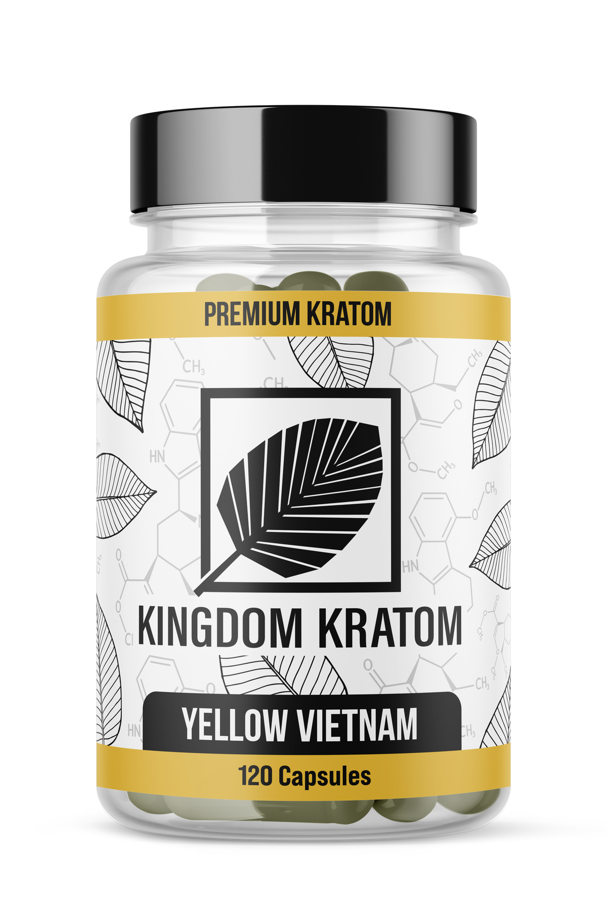 Premium Yellow Vietnam Kratom Capsules 120 Count Clear Bottle - Front View | Kingdom Kratom