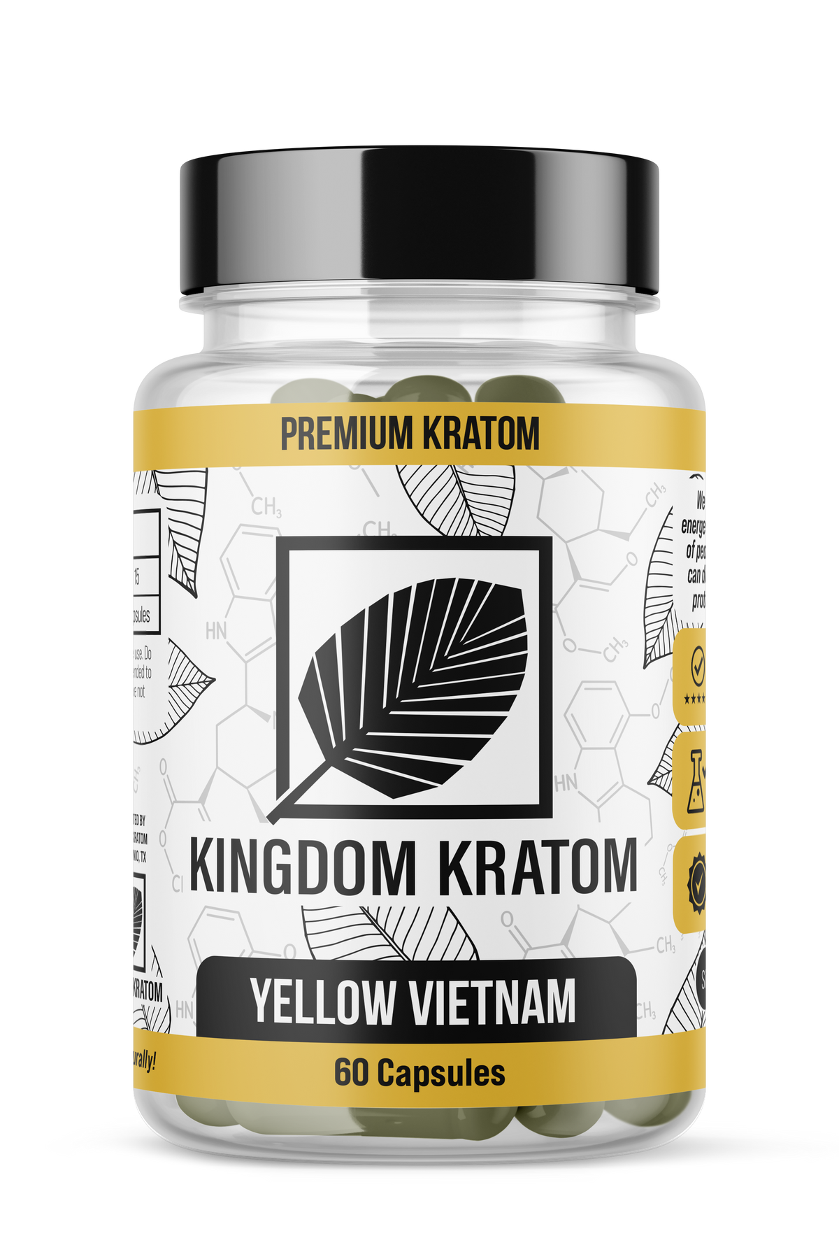 Vietnam Kratom Capsules 60 Count Bottle - Front Angle with Label Detail | Kingdom Kratom