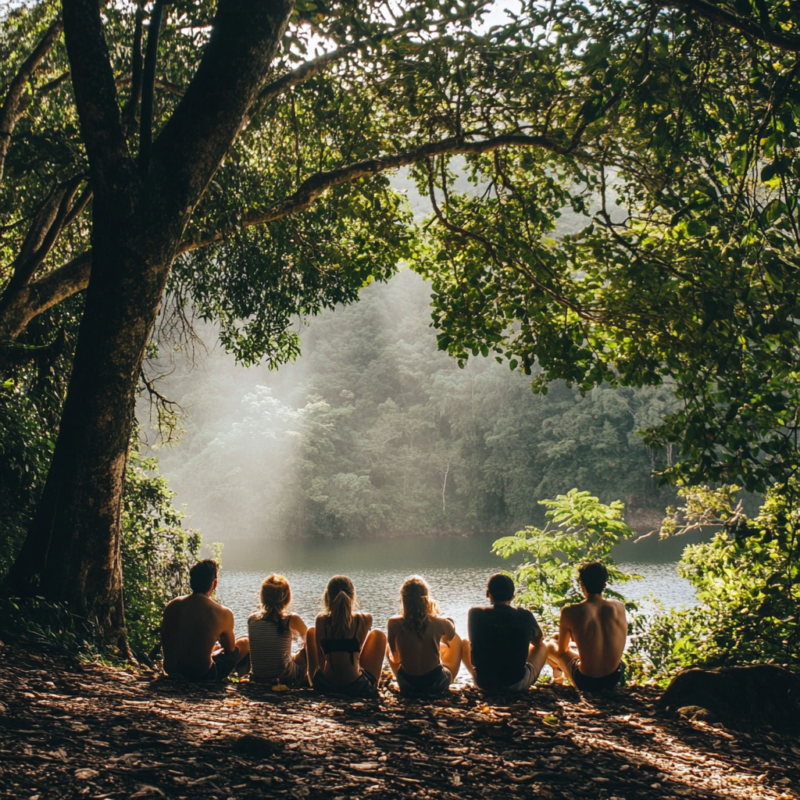 People outdoors camping by the river in nature